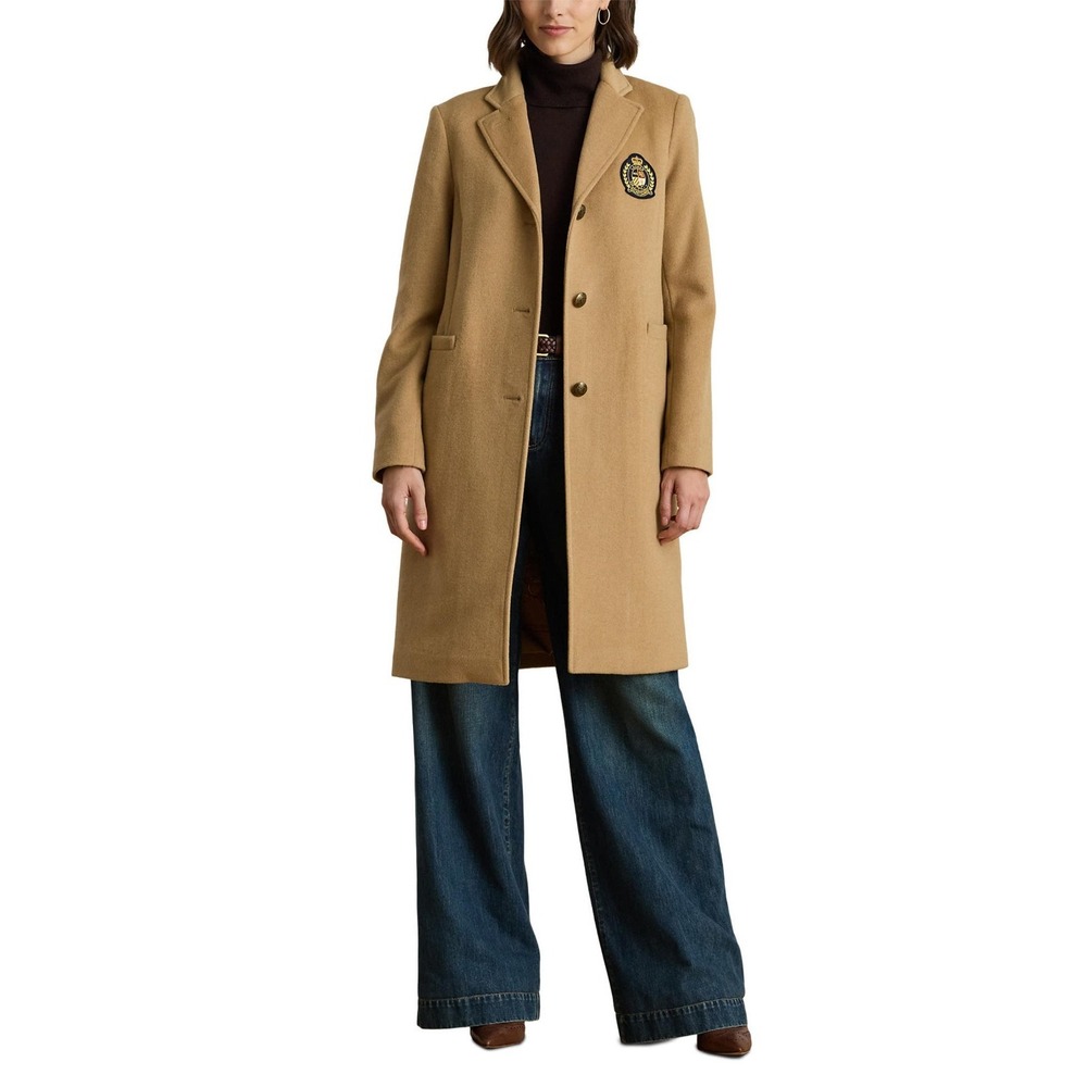 Lauren Ralph Lauren Logo Patch Wool Blend Jacket Crest Long Coat Brown Sz 12